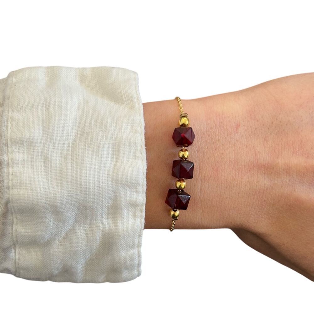 Gold Chain Bracelet with Deep Red Faceted Beads - Picture 2 of 4